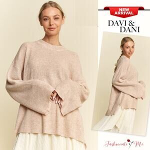 Davi & Dani High-Low Crew Neck Voluminous Sleeves Pullover Sweater | Oatmeal